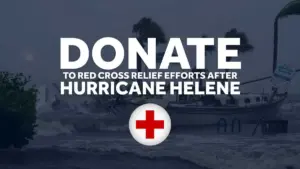 Text overlay says “Donate to Red Cross relief efforts after Hurricane Helene” above a red cross symbol, with a background image of a flooded area, damaged boat, and bent palm trees from a storm.
