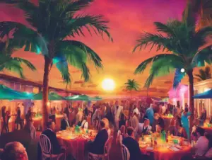 A lively outdoor party at sunset with people dining at tables under palm trees, colorful lights, and a vibrant sky. Guests are dressed elegantly, and bottles and glasses decorate the tables.